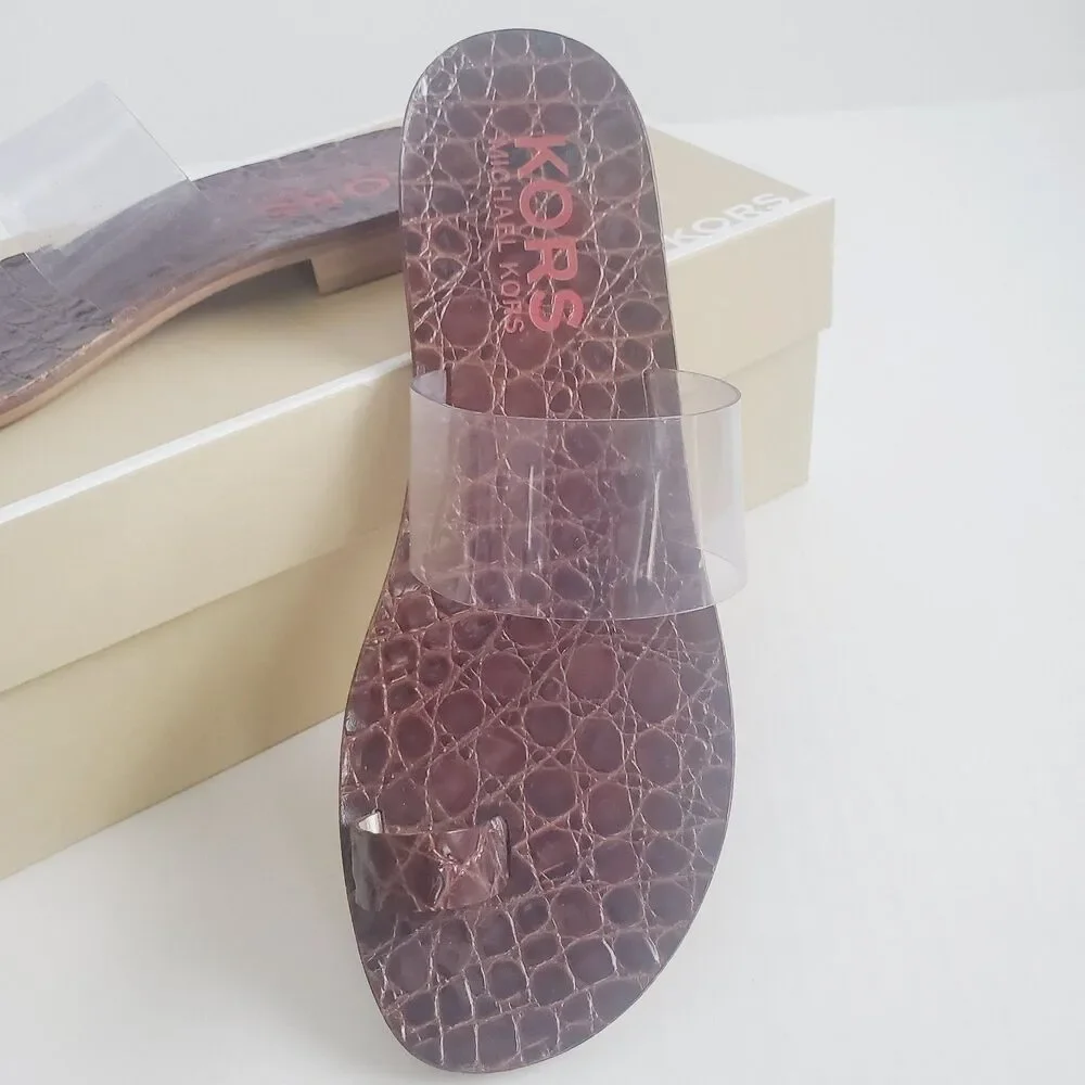 KORS Michael Kors Sandals Size 7M Clear Strap Toe Loop Croc Embossed Slides